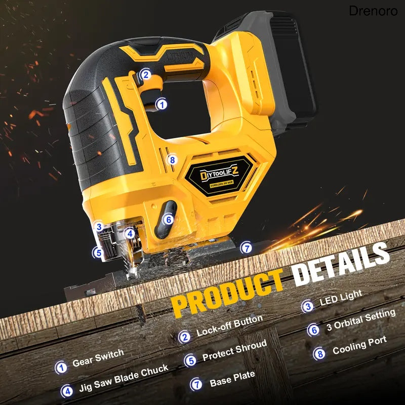 Cordless Brushless Jigsaw – 2900RPM, 0–45° Bevel, 3 Orbital Modes, Compatible with 20V Battery (Tool Only)